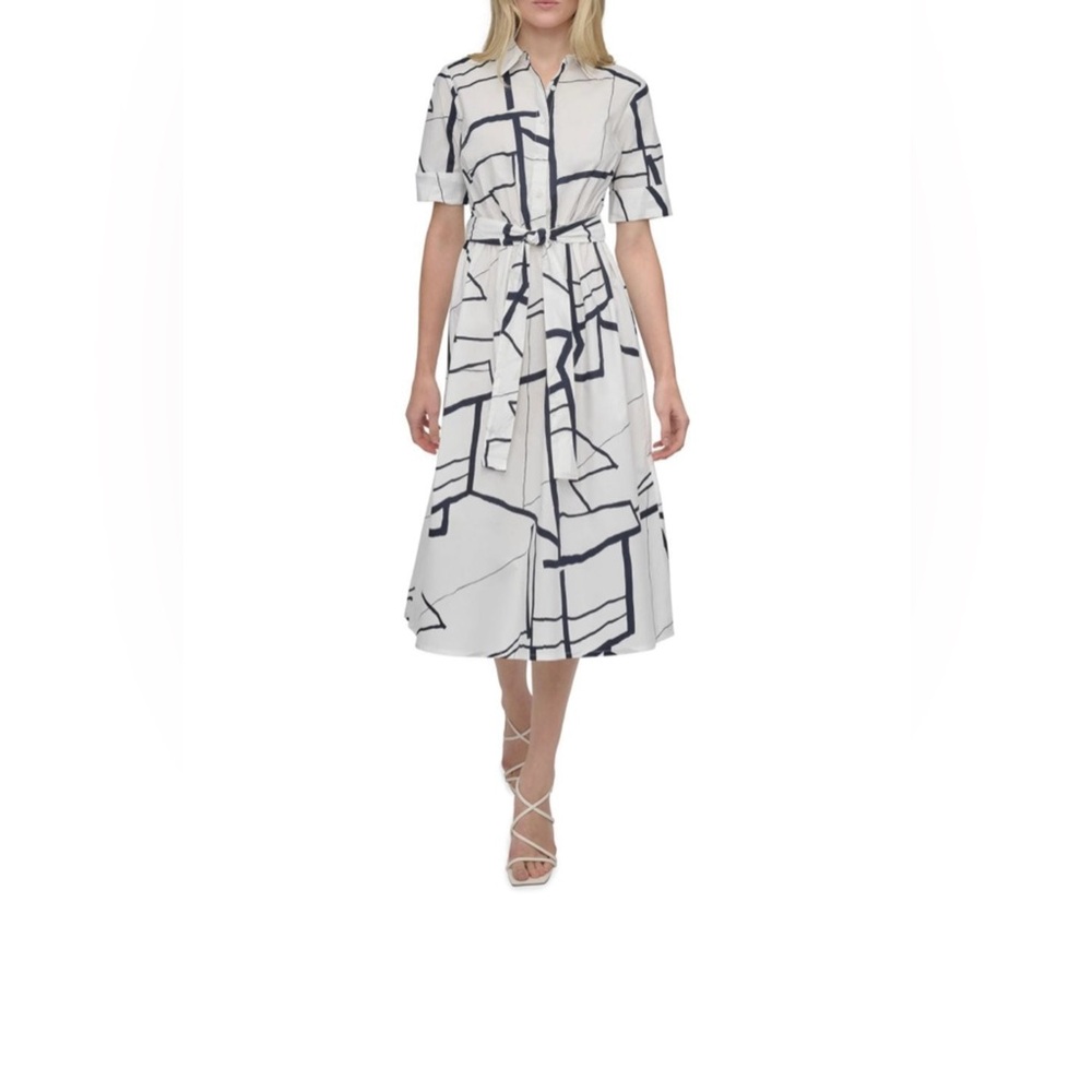 NWOT DKNY White and Navy Patterned Shirt Dress size Small